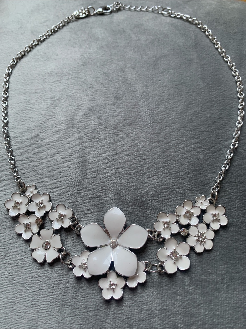Silver Floral and white enamel Necklace - White Accents